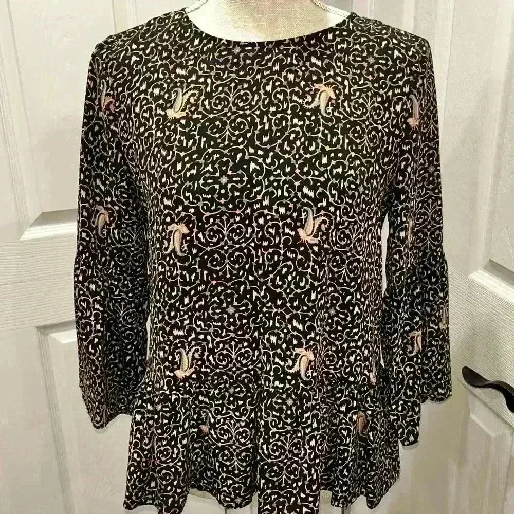 Madewell 100% silk bell sleeve floral patterned blouse shirt w ruffled waist